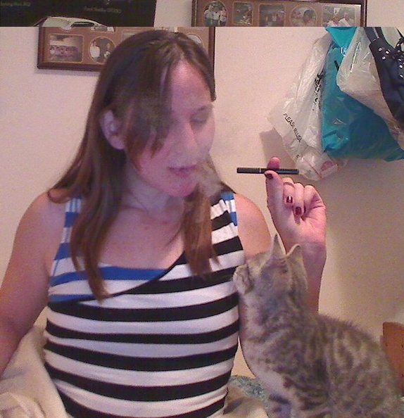 My kitten really loves when I vape in her face! Kitten is a nicotine addict. =/
