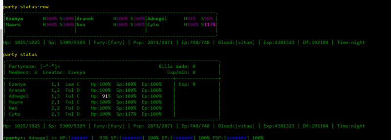 Example of a 6 man party, showing party "status-row" and normal "party status" results